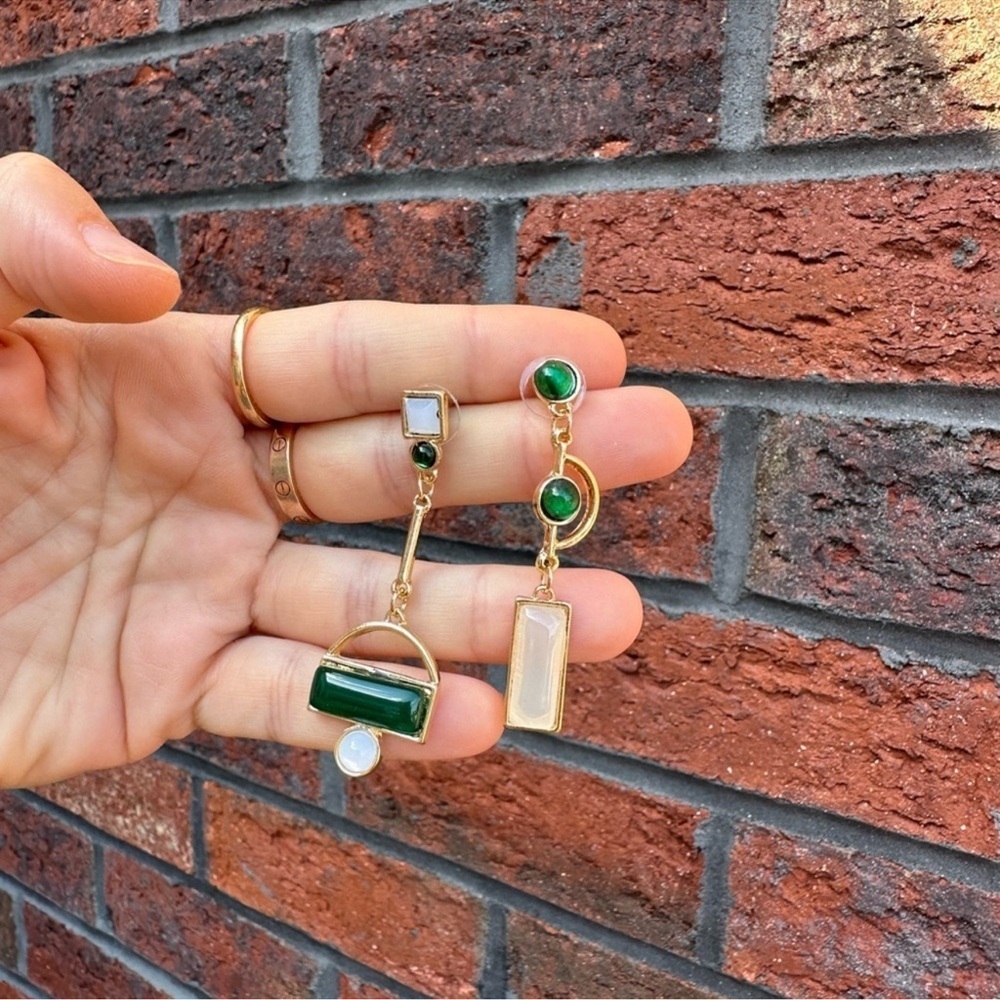 Gold Green Asymmetrical Geometric Earrings - Picture 12 of 13